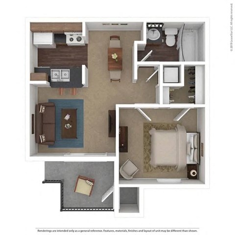 Floor plan for 1 bed, 1 bath, 584 sqft